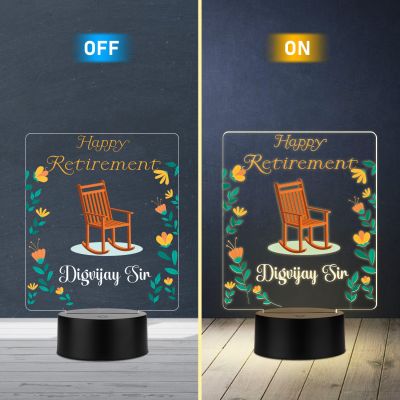 Personalized Happy Retirement LED Night Lamp with Rocking Chair Design, Warm White Acrylic Light with Black Base Retirement Gift for Grandfather, Dad & Teacher